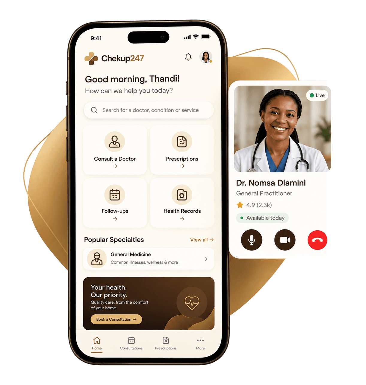 Chekup247 mobile app interface showing consultation booking and floating doctor card with Dr. Nomsa Dlamini